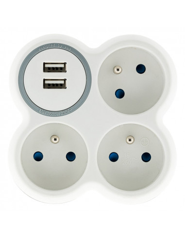 Multiprise 3 prises - Triplite - 3x16A - 2 ports USB - Blanc/Gris - Zenitech