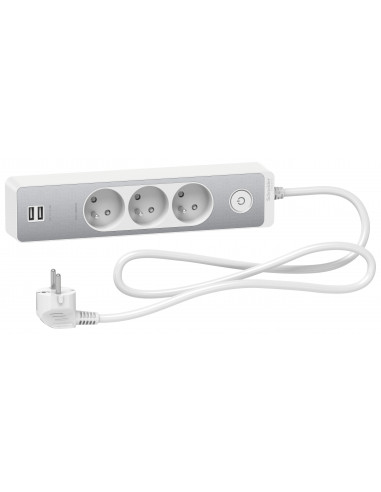 Bloc multiprises 3 Prises 2P+T et 2 USB (câble 1,5m) Blanc et Aluminium  - Schneider