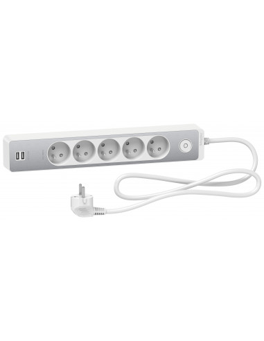 Bloc multiprises 5 Prises 2P+T et 2 USB (câble 1,5m) Blanc et Aluminium - Schneider